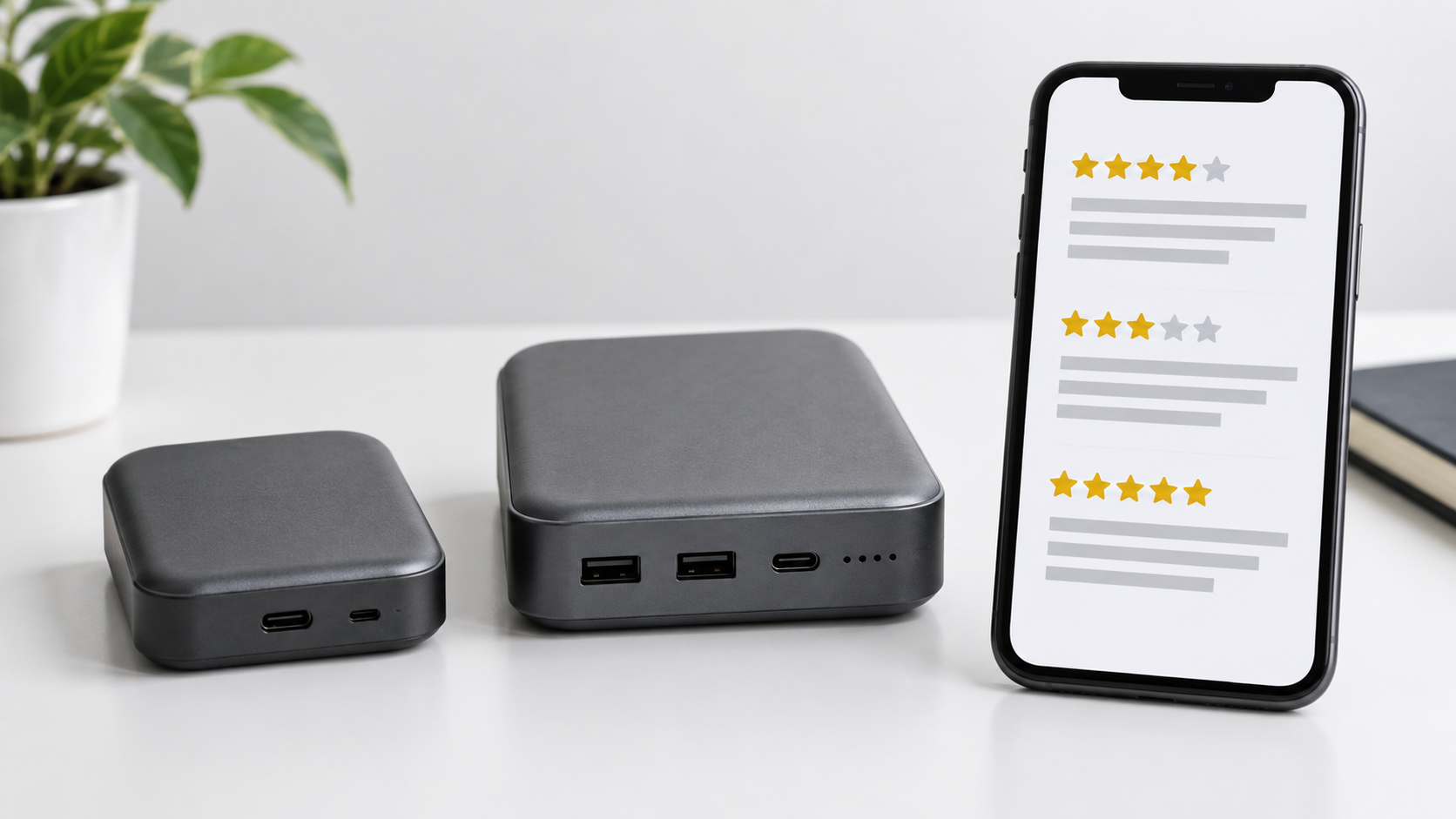 Illustration of two similar devices of different sizes beside a review screen that does not identify a model