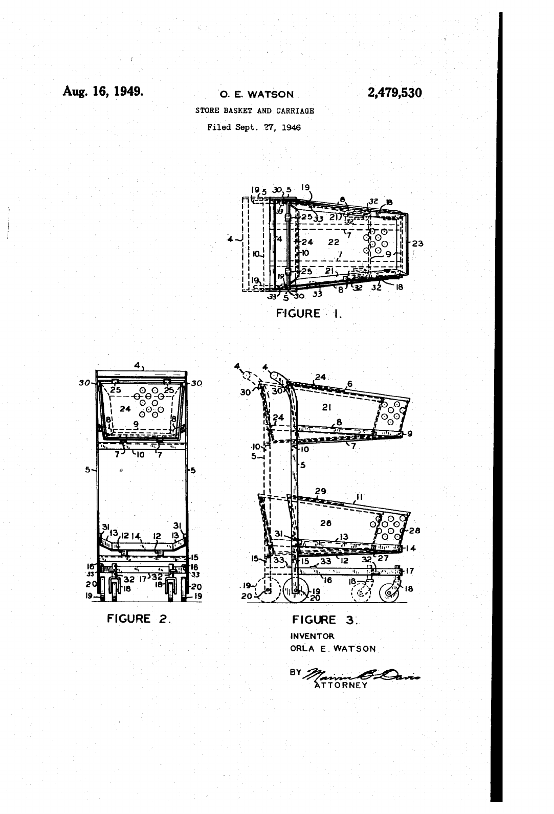 First page of Orla Watson's patent No. 2,479,530, showing three views of a two-basket cart and outlines of a nested cart