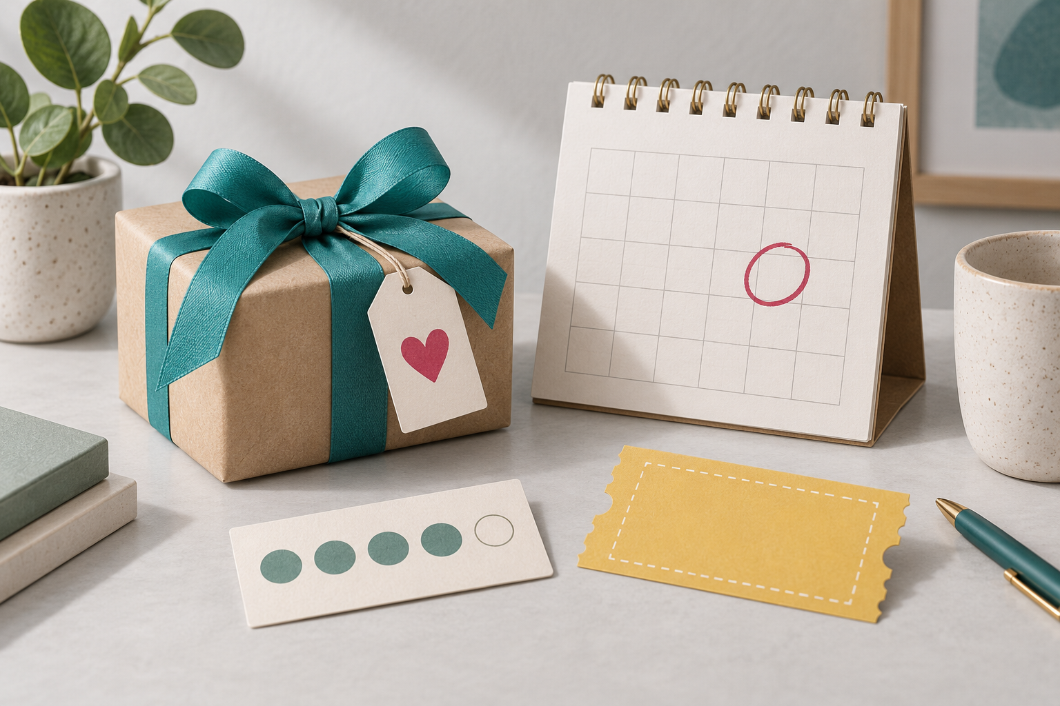 Illustration of a gift with a teal ribbon, a calendar with a circled date and a blank coupon