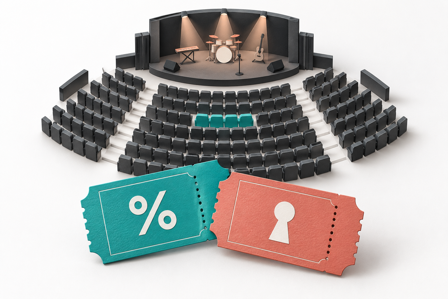 Conceptual concert stage and seating rows with teal seats highlighted, beside tickets bearing percentage and keyhole symbols