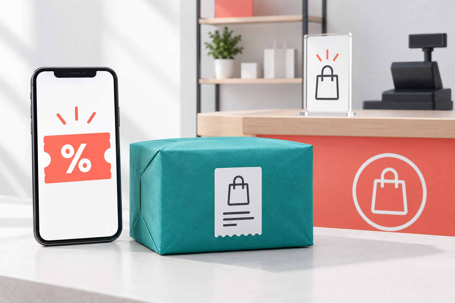 Illustration of a phone with a percentage symbol, a teal parcel and a pickup counter beside a till