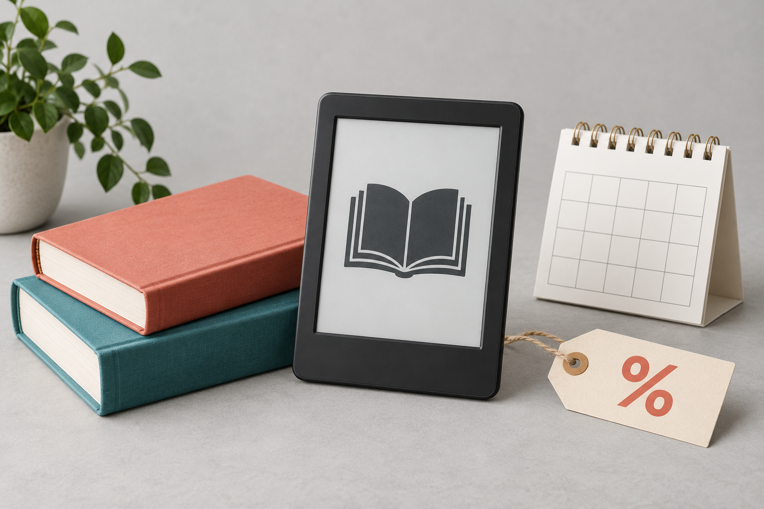 Illustration of an e-reader, two books, a calendar and a paper discount tag