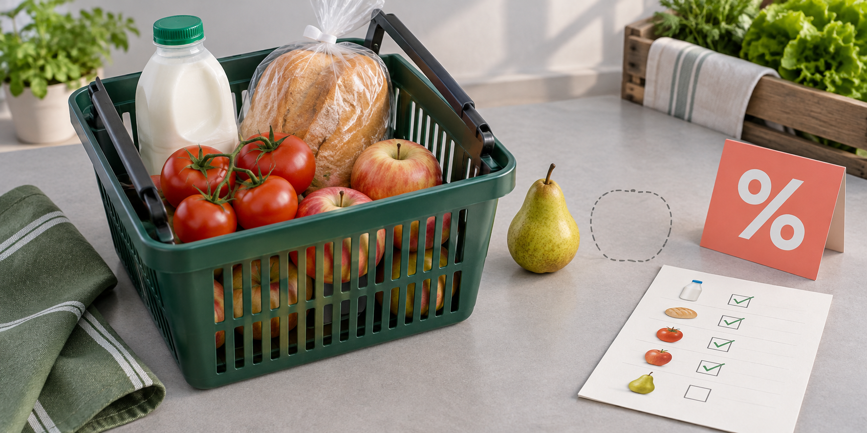 Conceptual grocery basket, a pear beside an empty outline, an item checklist and a percentage card