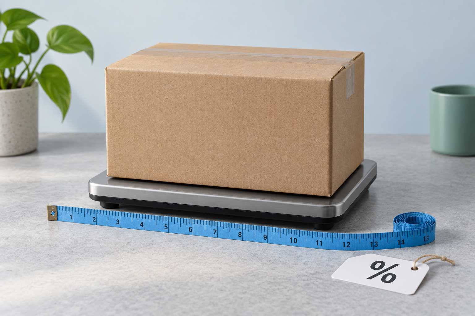 Illustration of a parcel on scales beside a measuring tape and a discount tag